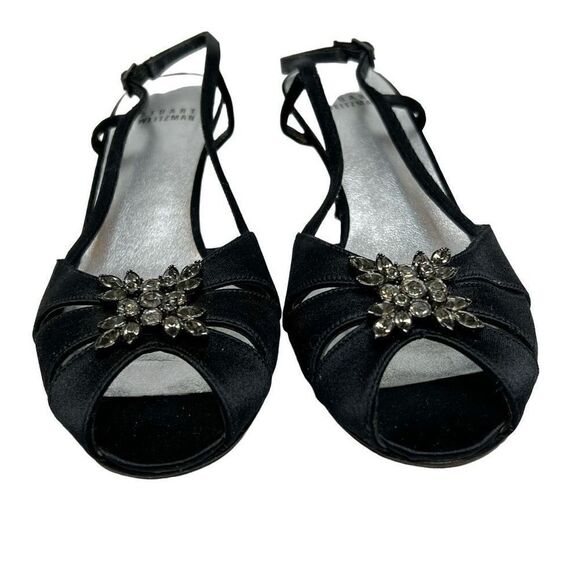 Stuart Weitzman black satin open toe rhinestone embellished heels size 8.5N - Picture 3 of 16